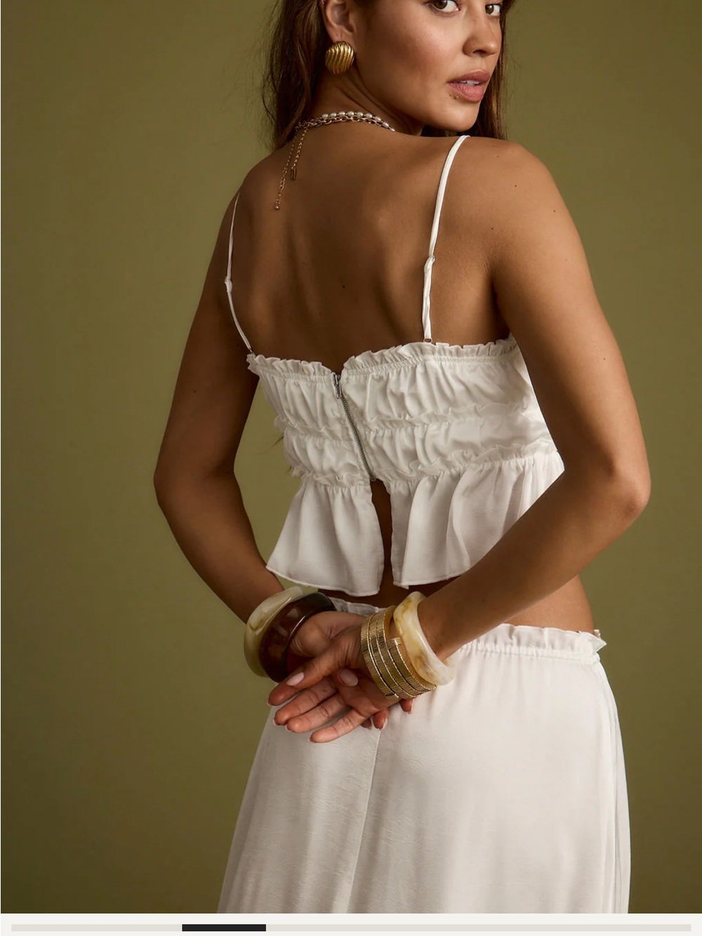 12th Tribe White Smocked Ruffled Crop Tank